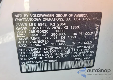 2021 Volkswagen Atlas Cross Sport Se from USA, damaged, VIN 1V2RE2CA9MC218904